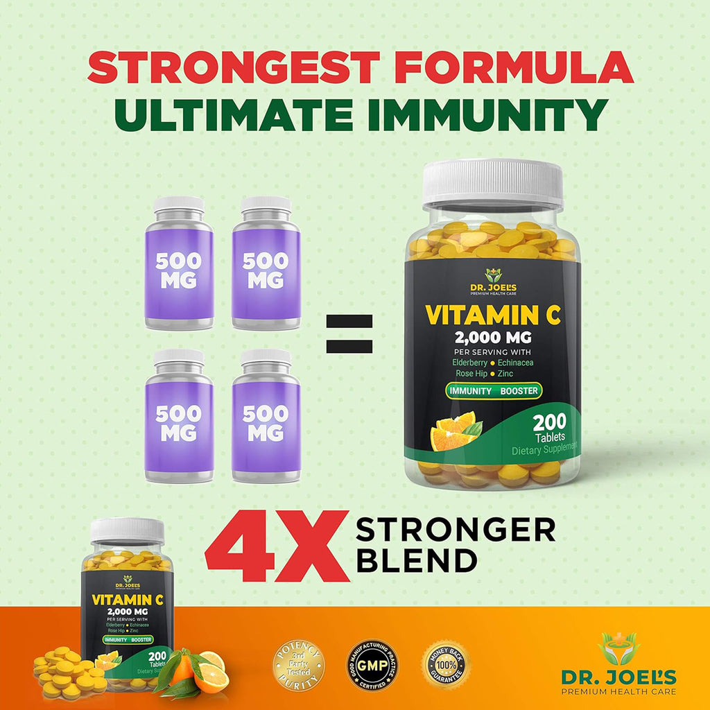 Dr. JOEL'S Immune Support Vitamin C 2000 mg - 200 Tablets - with Zinc, Elderberry, Rose Hip, Echinacea - Boosts Immune System- Made in USA