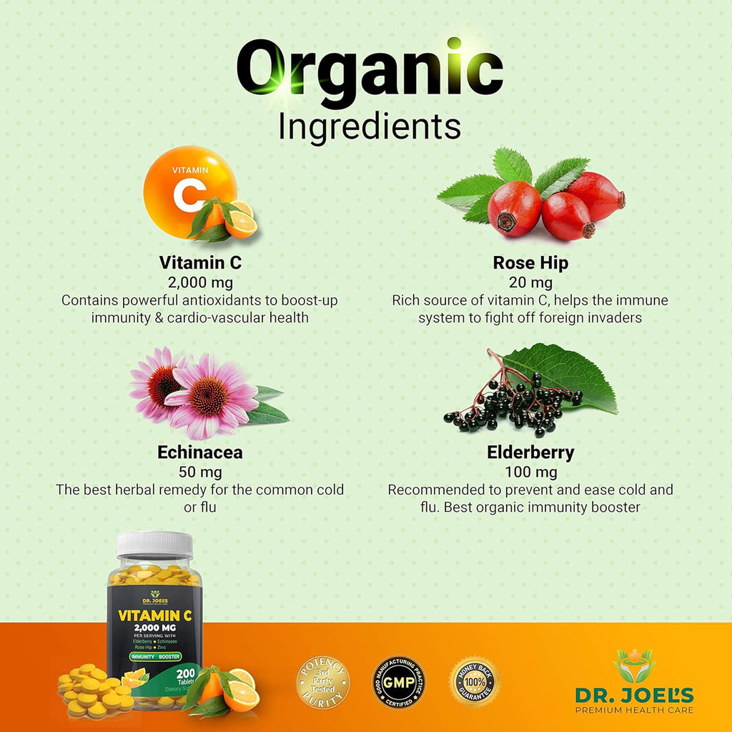 Dr. JOEL'S Immune Support Vitamin C 2000 mg - 200 Tablets - with Zinc, Elderberry, Rose Hip, Echinacea - Boosts Immune System- Made in USA
