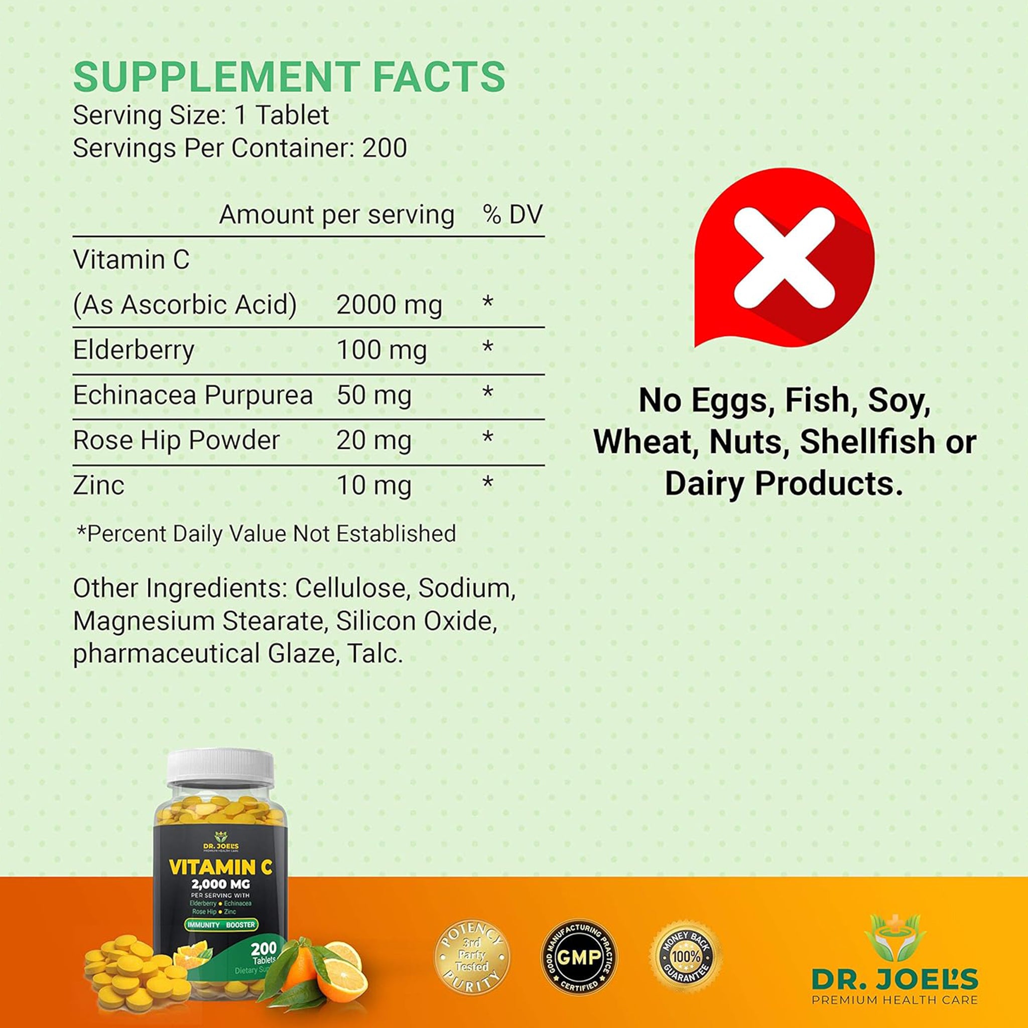 Dr. JOEL'S Immune Support Vitamin C 2000 mg - 200 Tablets - with Zinc, Elderberry, Rose Hip, Echinacea - Boosts Immune System- Made in USA