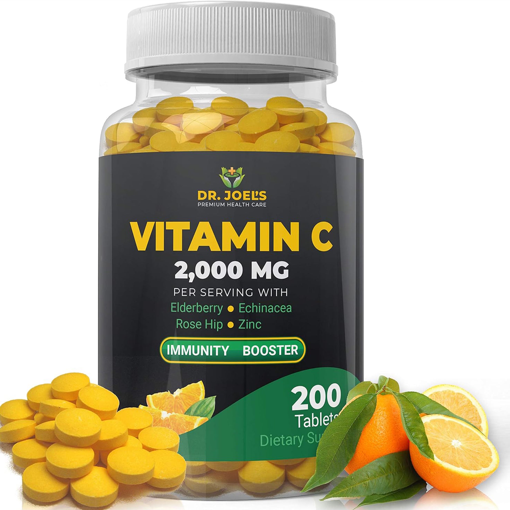 Dr. JOEL'S Immune Support Vitamin C 2000 mg - 200 Tablets - with Zinc, Elderberry, Rose Hip, Echinacea - Boosts Immune System- Made in USA