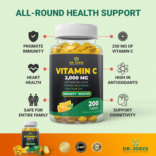 Dr. JOEL'S Immune Support Vitamin C 2000 mg - 200 Tablets - with Zinc, Elderberry, Rose Hip, Echinacea - Boosts Immune System- Made in USA